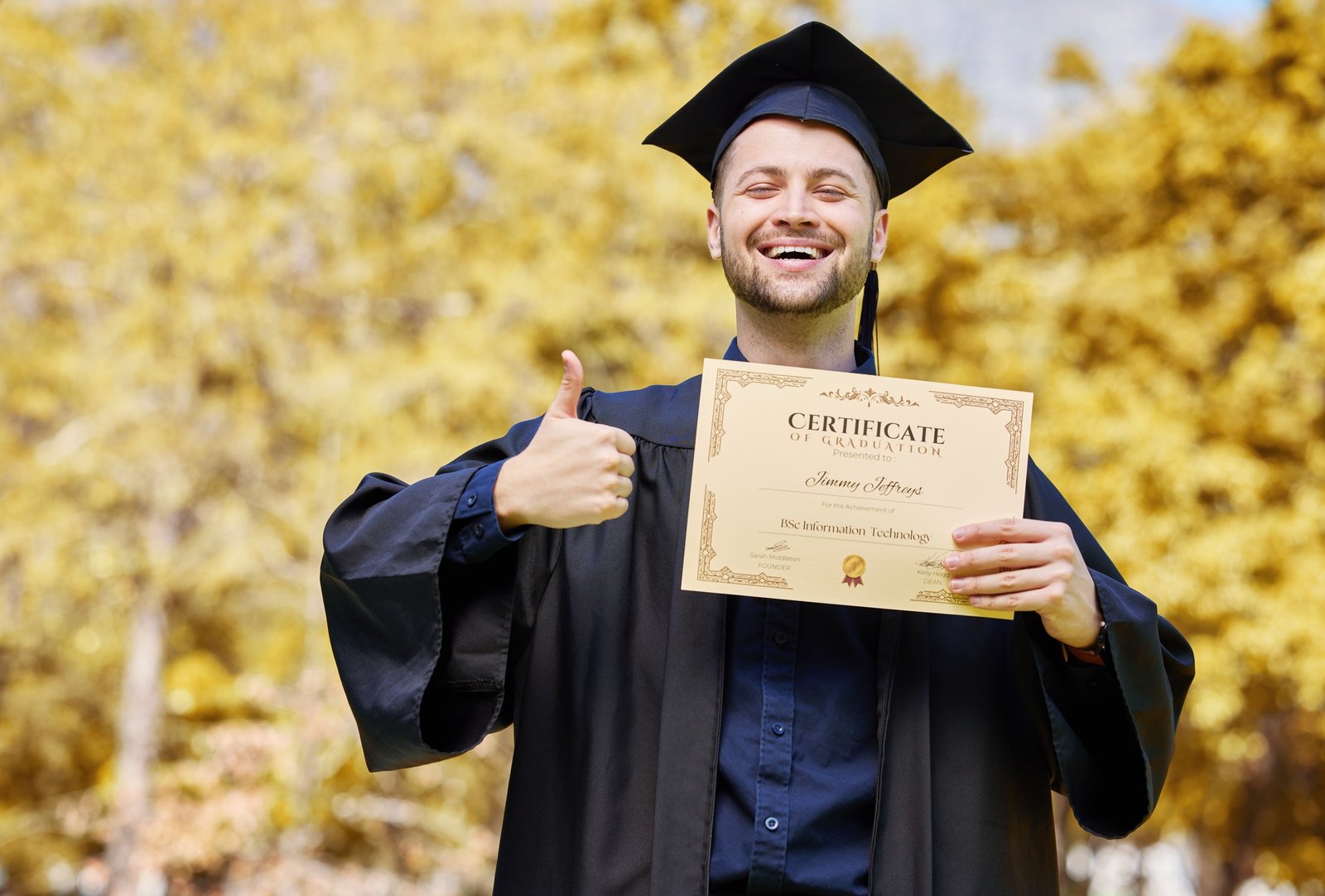 Graduation portrait, certificate and student thumbs up for university, education or college success